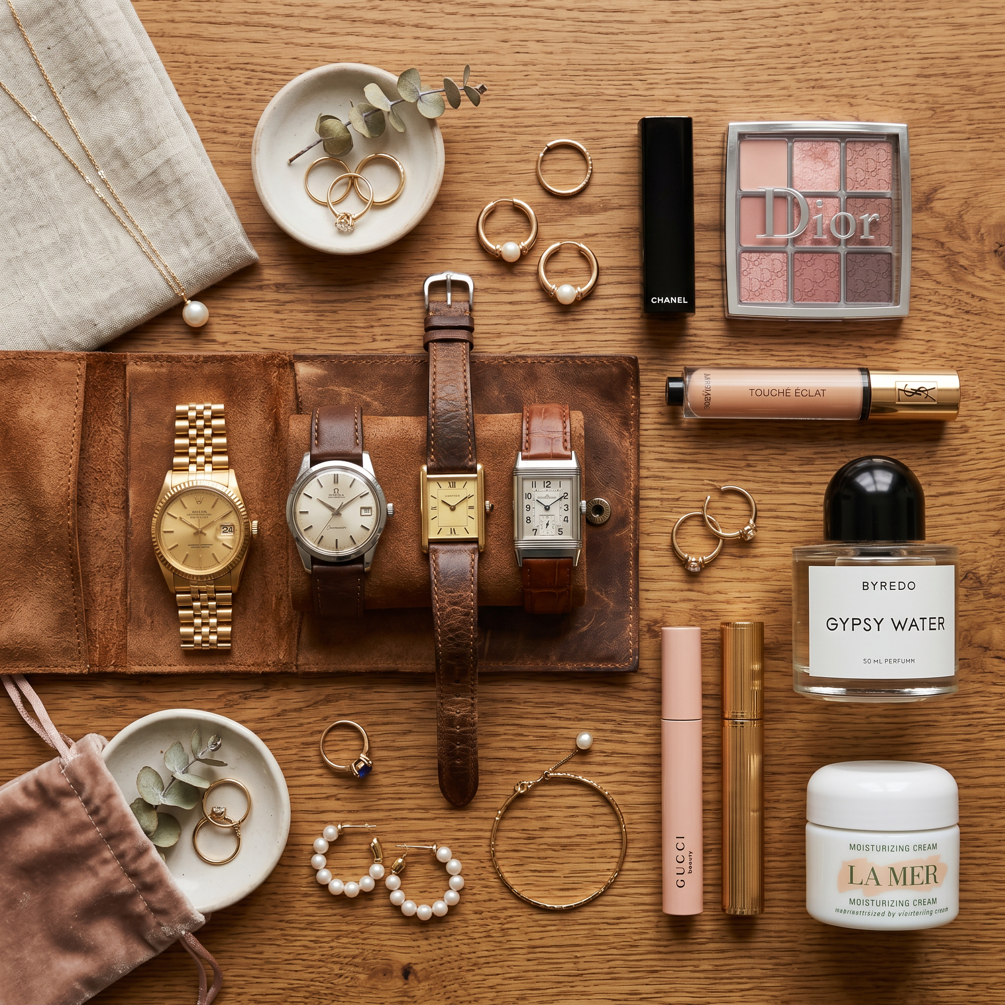 Flatlay of vintage watches, jewelry, and cosmetics