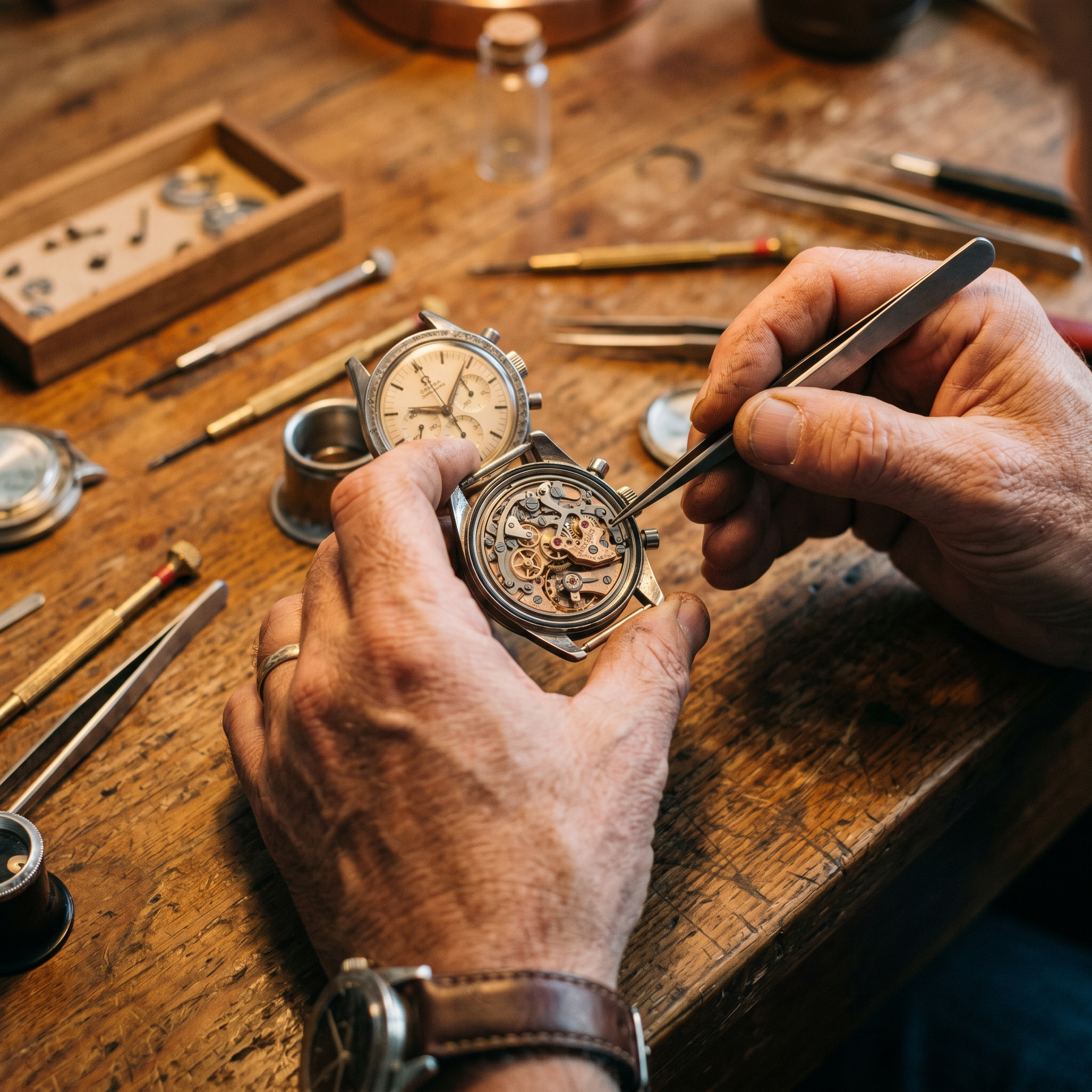 Watchmaker inspecting vintage chronograph